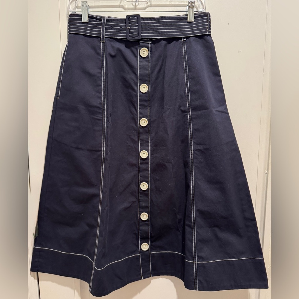 Joie Navy A-Line Button Down Contrast Stitching Midi Skirt. Size 6 A+ Condition!